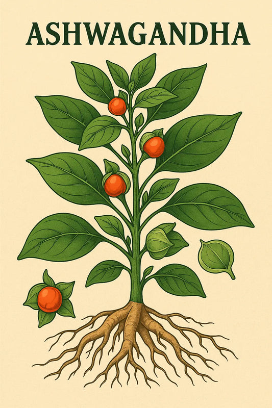 Afbeelding van de Ashwagandha-plant met wortel, traditioneel gebruikt als adaptogeen supplement voor ontspanning, focus en energie.