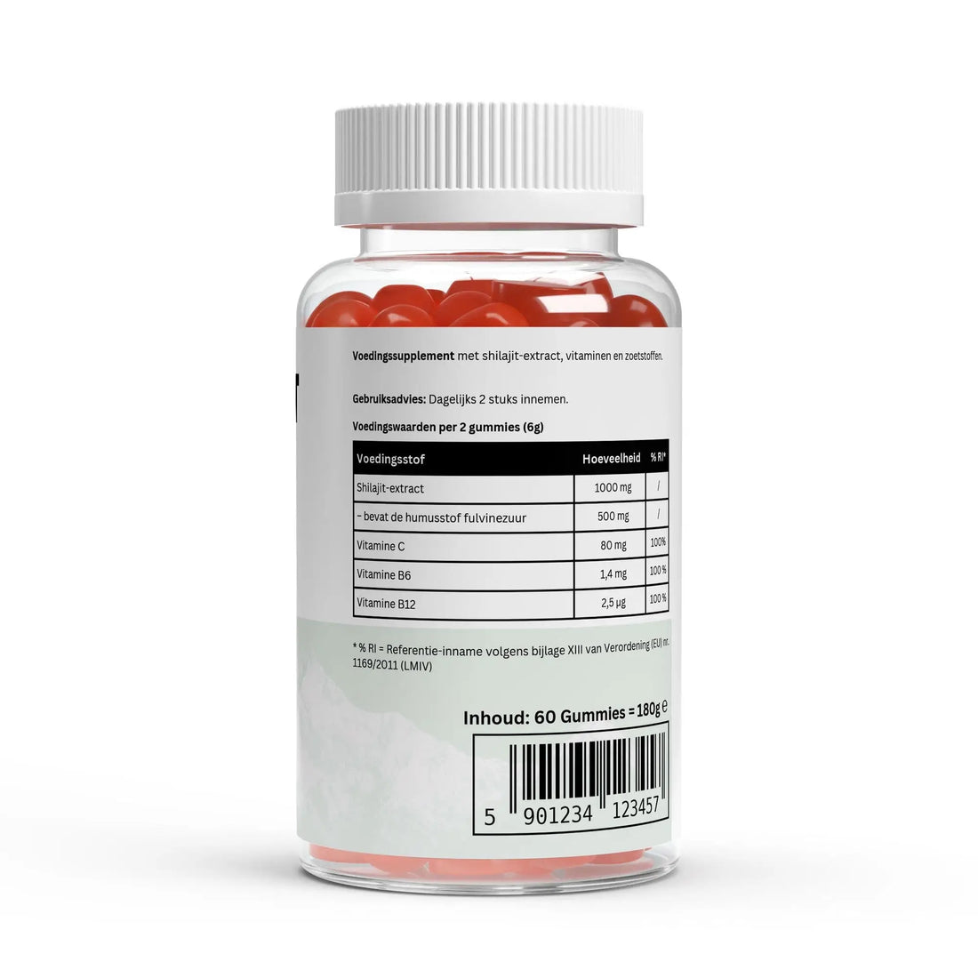 Een pot met rode gummy vitamines met witte deksel voor thuis trainen en beste supplementen