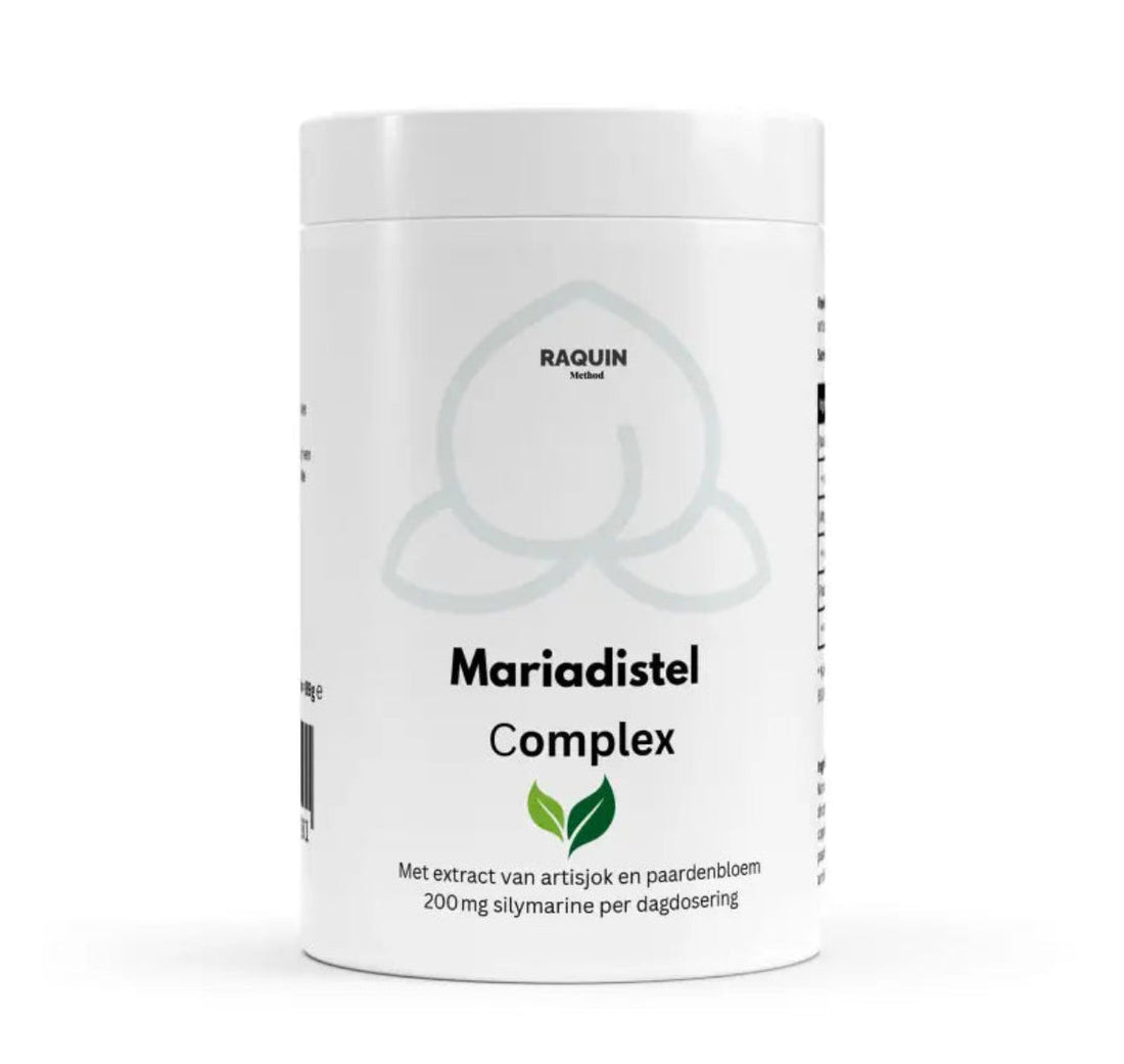 Witte plastic container van Mariadistel Complex uit de Raquin Method-lijn voor een gezonde lever