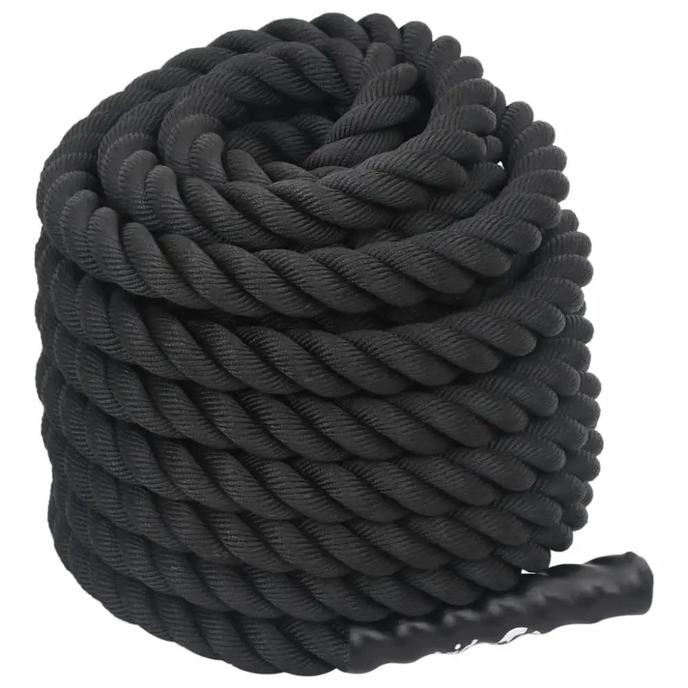 Opgerold zwart touw met dikke, gedraaide strengen.