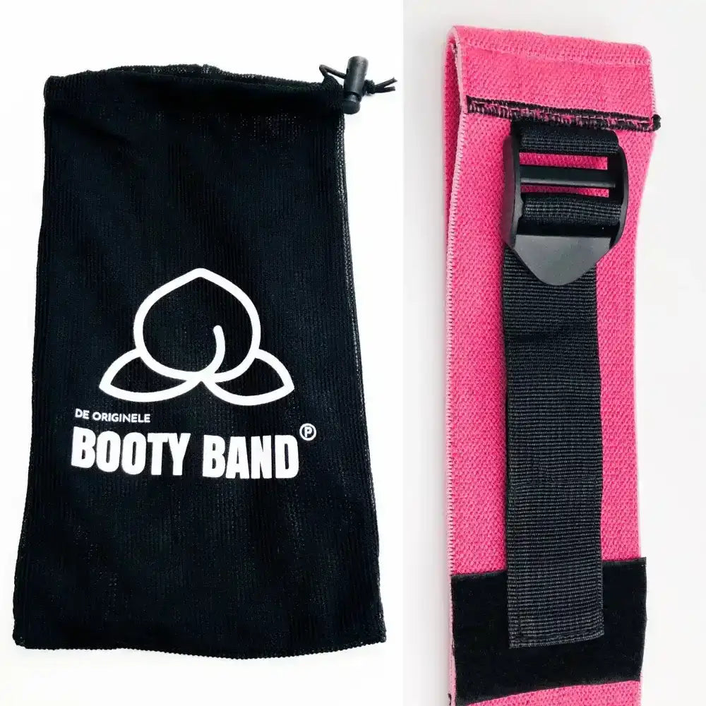 Verstelbare bootyband roze met zwarte draagtas, one size fits alles, perfecte workout gear