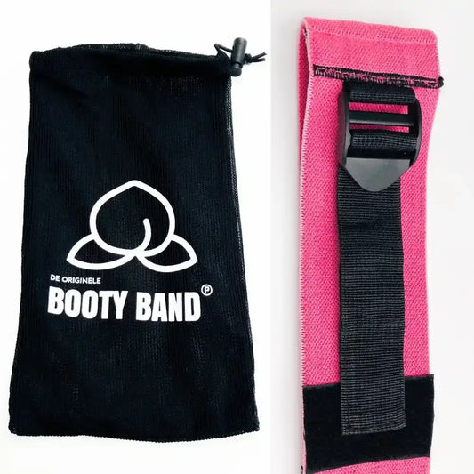 Verstelbare bootyband roze met zwarte draagtas, one size fits alles, perfecte workout gear