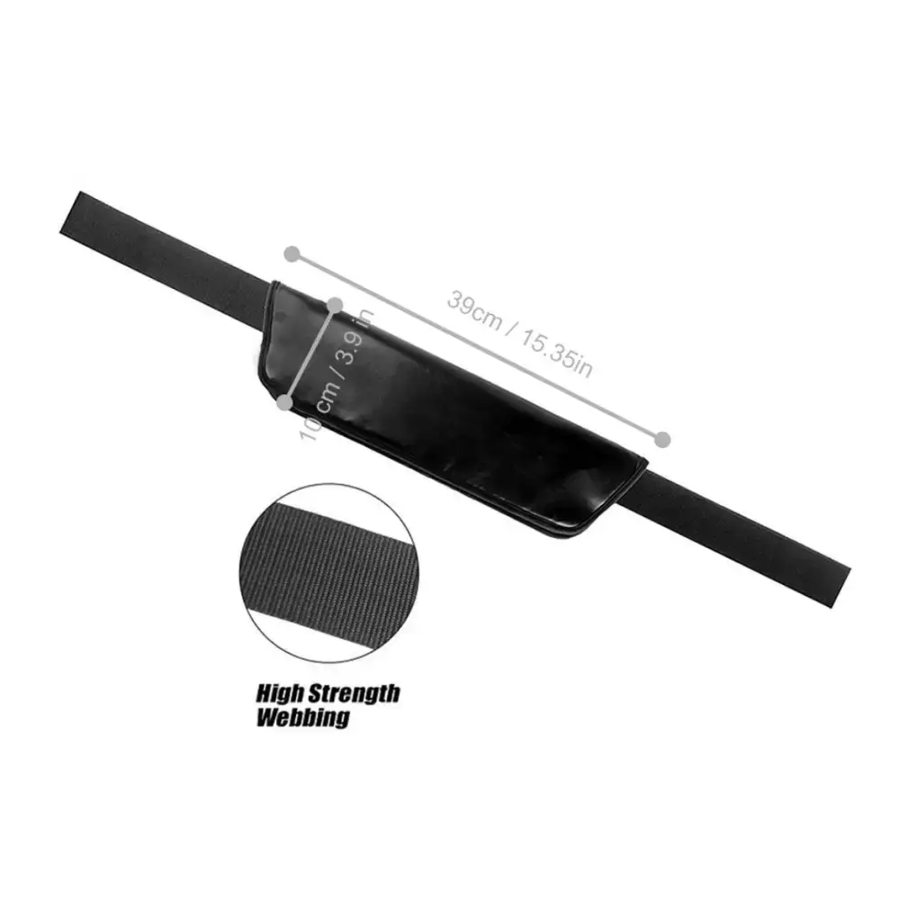 Zwarte webbing riem met glanzende pouch voor hip thrust krachttraining en meubelverplaatsing