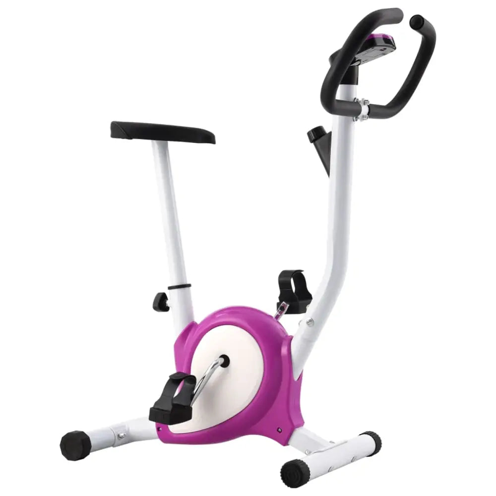 Stationaire hometrainer met een roze en wit frame en zwarte zitting.