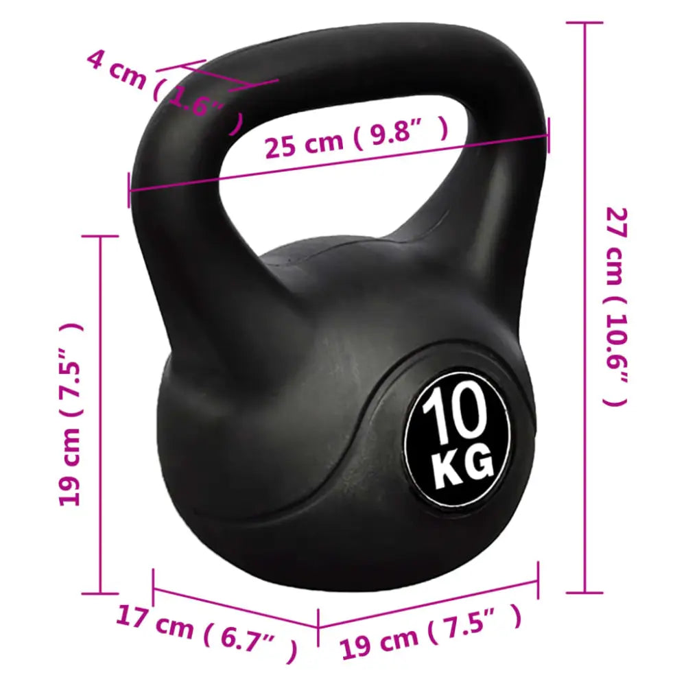 Zwarte 10 kg kettlebell met gelabelde afmetingen.