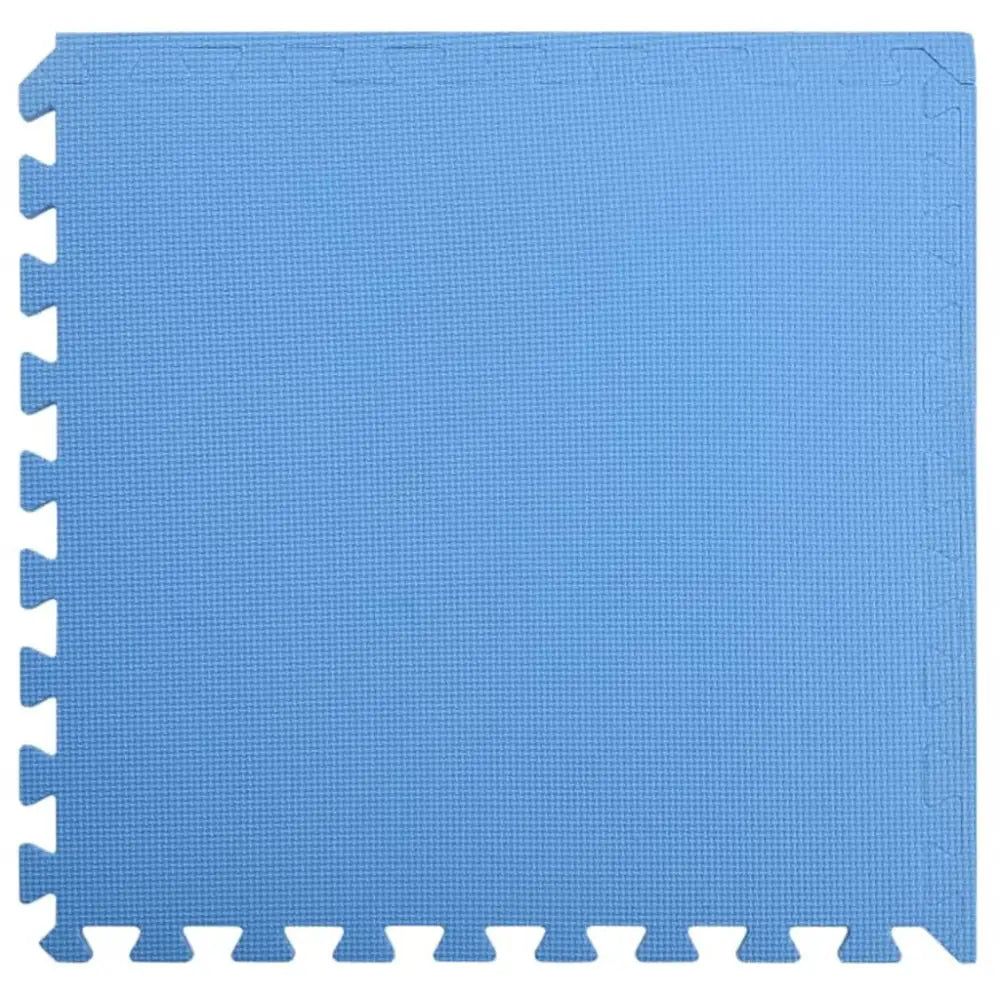 Blauw in elkaar grijpende schuimrubberen vloermat met puzzelachtige randen.
