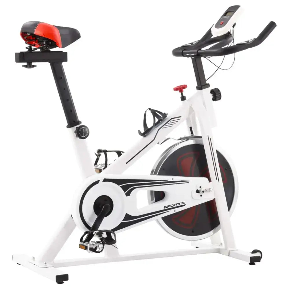 Witte compacte hometrainer met verstelbaar zadel en rubberen riemaandrijving