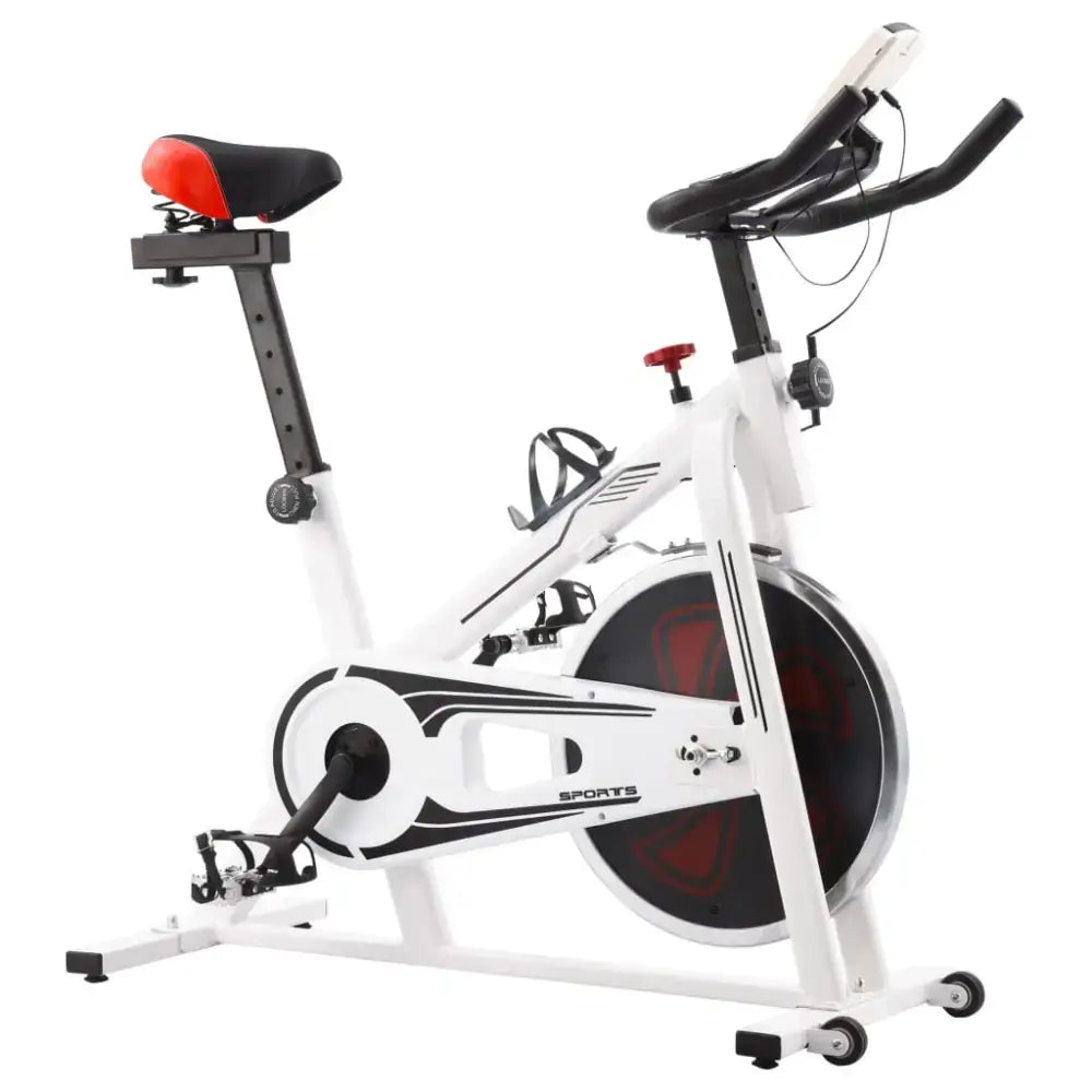 Witte compacte hometrainer met verstelbaar zadel en rubberen riemaandrijving