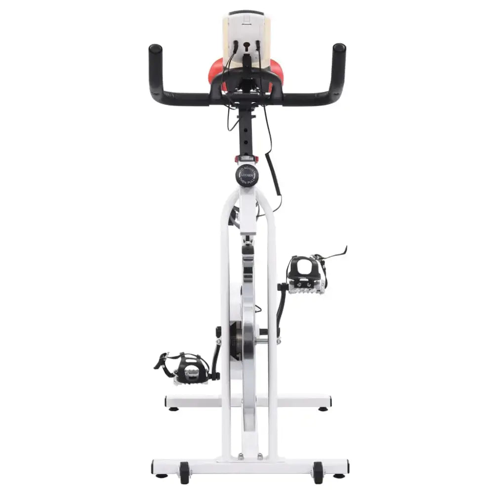 Witte compacte hometrainer met verstelbaar zadel en rubberen riemaandrijving