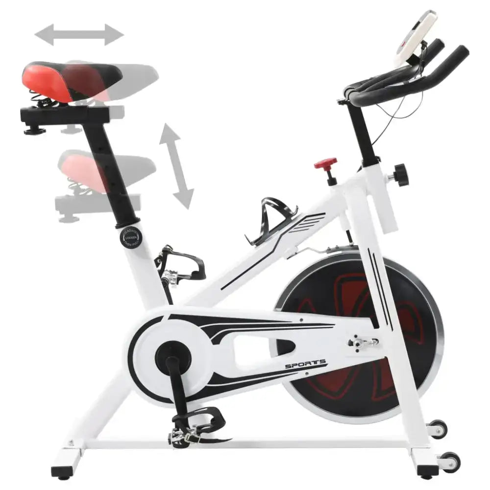 Witte en zwarte compacte hometrainer met verstelbaar zadel en rubberen riemaandrijving