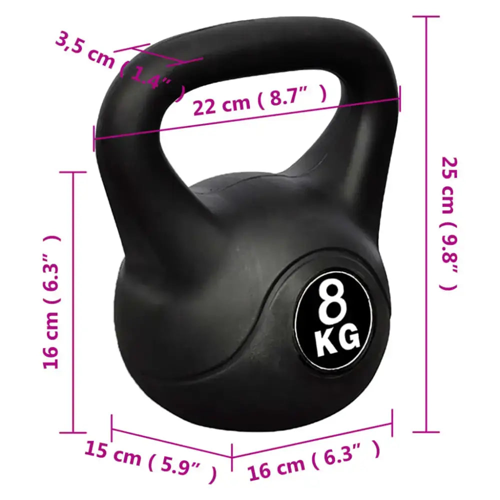 Zwarte kettlebell met kunststof buitenkant en afmetingen, ideaal voor booty bands