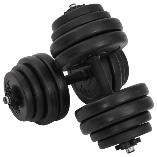 Zwarte verstelbare halterset met halterschijven en black dumbbells voor krachttraining