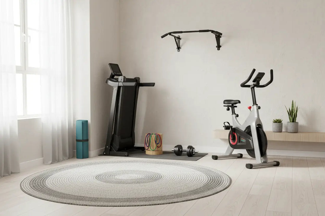 Compacte zwarte-witte hometrainer met rode accenten voor kleine ruimtes