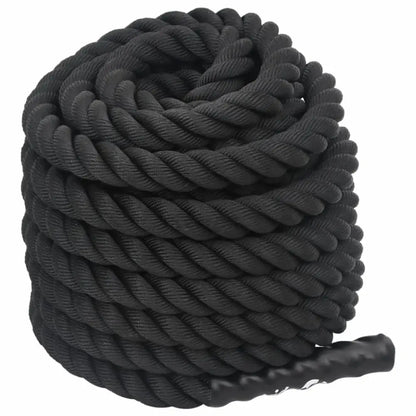 Opgerold zwart touw met dikke, gedraaide strengen.