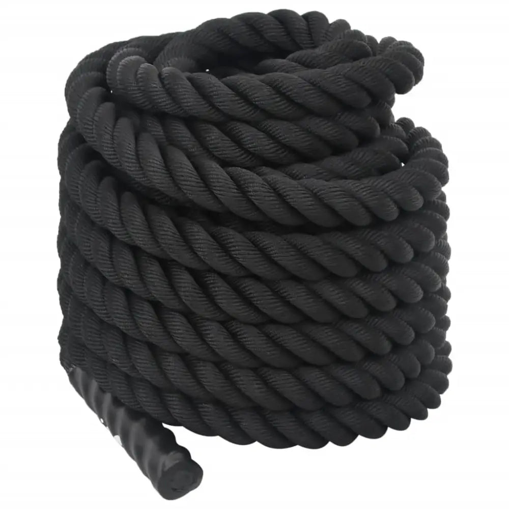 Opgerold zwart touw met dikke, gedraaide strengen.
