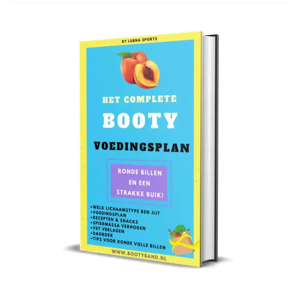 Boekomslag met een perzik en de titel ’Het Complete Booty Voedingsplan’ in het Nederlands.