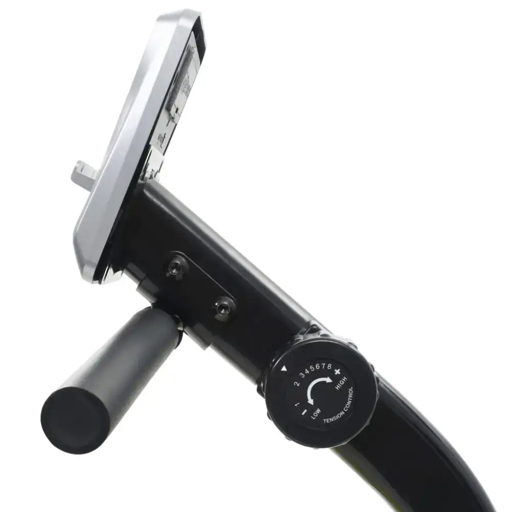 Zwarte gebogen metalen hometrainer handgreep met smartphonehouder, weerstandsknop en horizontaal verstelbare zitting