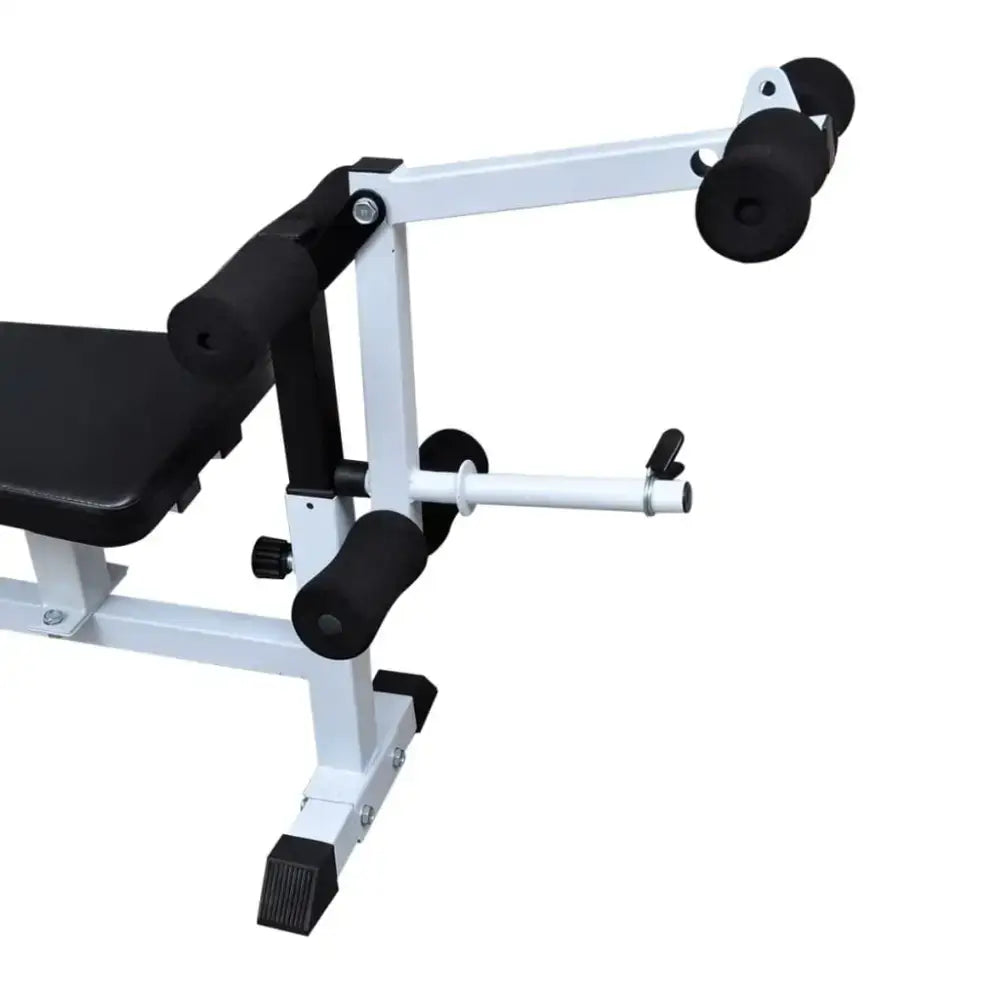 White and black weight bench with leg extension, verstelbare niveaus en armcurl kussen voor de ideale trainingshulp
