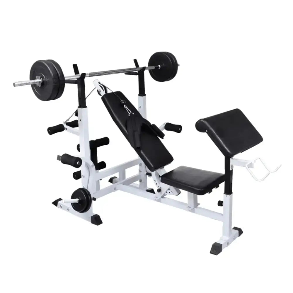 Witte verstelbare gewichtsbank met barbell en armcurl kussen voor ideale trainingshulp