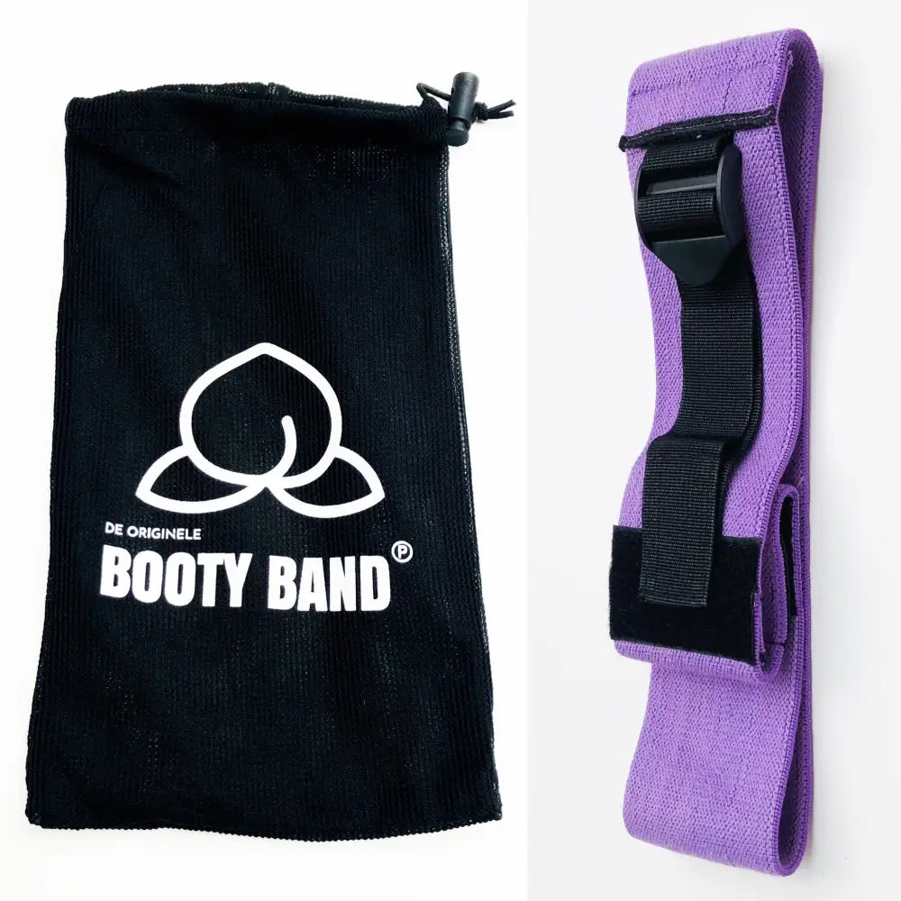 Paarse booty band met zwarte gesp en trekkoordzak, ideaal voor workouts