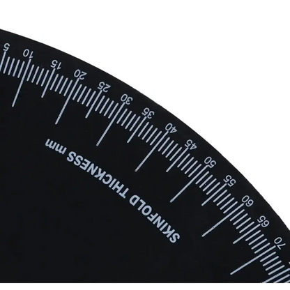 Professionele zwarte huidplooimeter met zwarte ronde caliper en witte markeringen