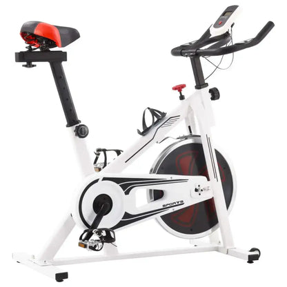 Witte compacte hometrainer met verstelbaar zadel en rubberen riemaandrijving