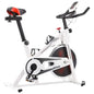 Witte compacte hometrainer met verstelbaar zadel en rubberen riemaandrijving